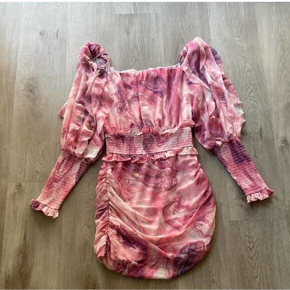 elliatt appreciate pink marble swirl ruffle detail long sleeve mini dress small - Picture 1 of 8